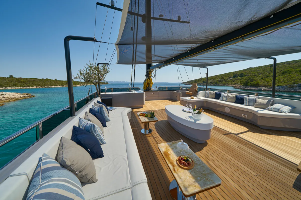 Deck of Rara Avis, a Gulet Luxury Sailing Yacht yacht at Split, Croatia