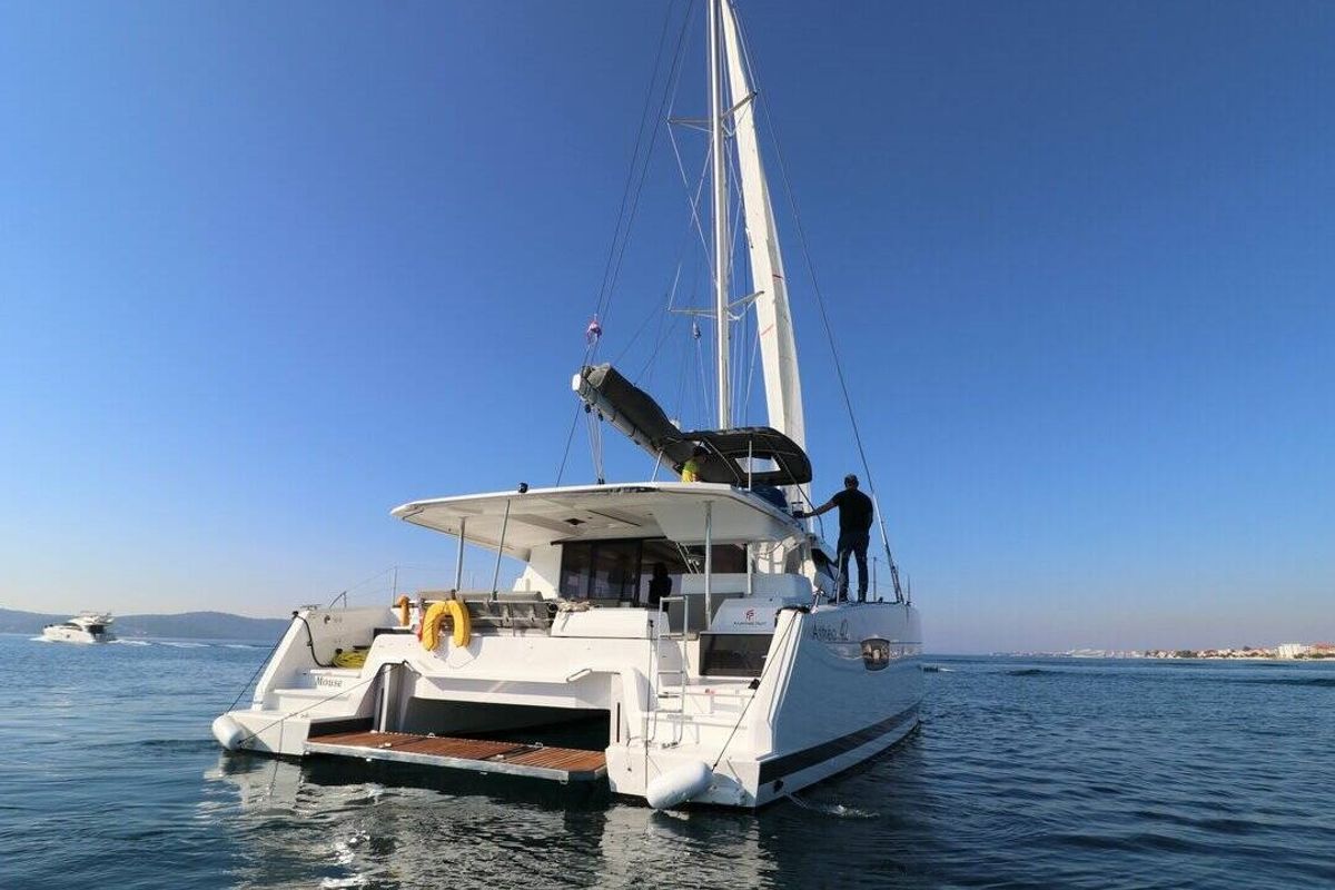 Exterior view of Mouse, a Fountaine Pajot Astrea 42 catamaran at Općina Rogoznica, Croatia