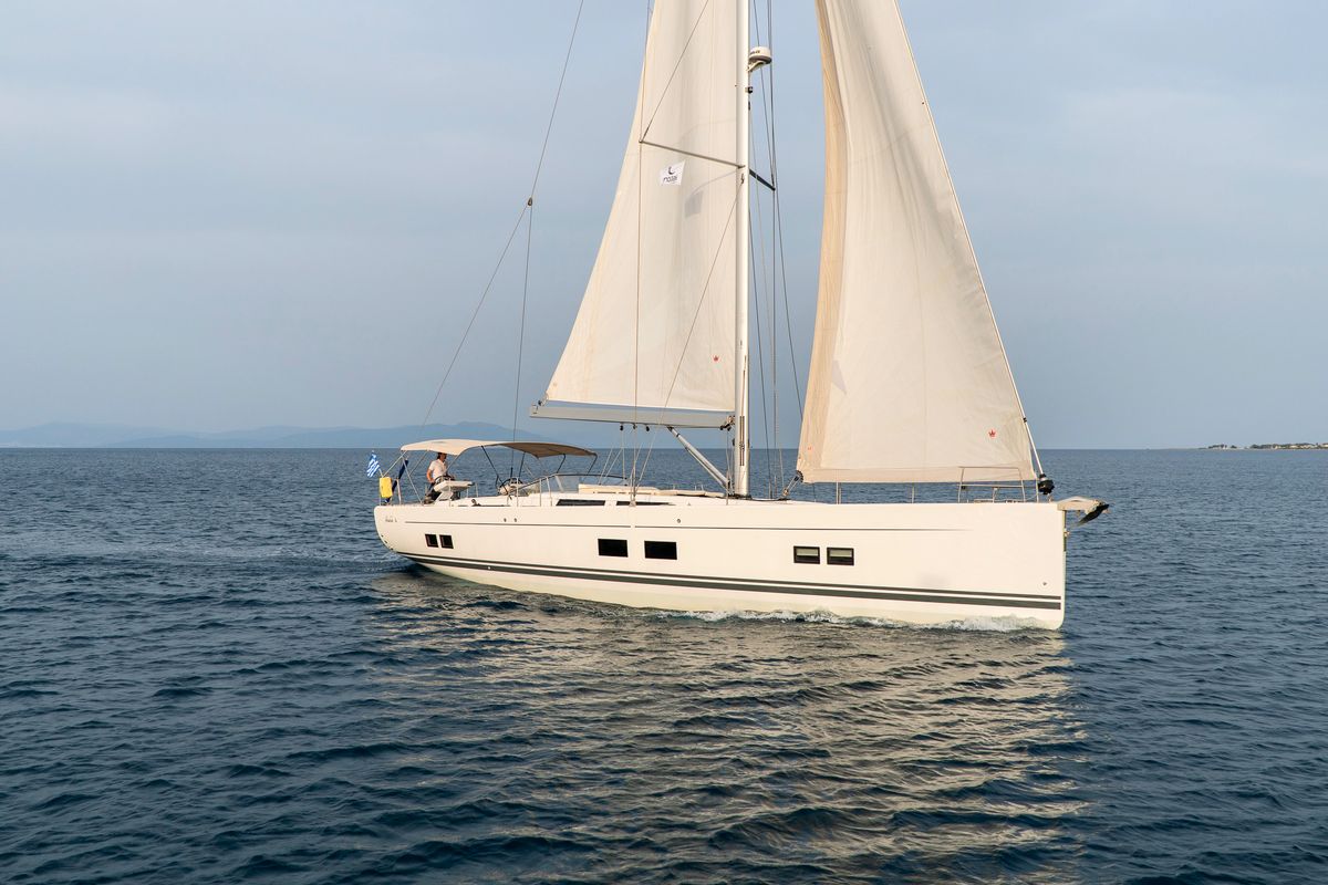 Exterior view of Amadea, a Hanse Yachts Hanse 588 sailboat at Kos, Greece