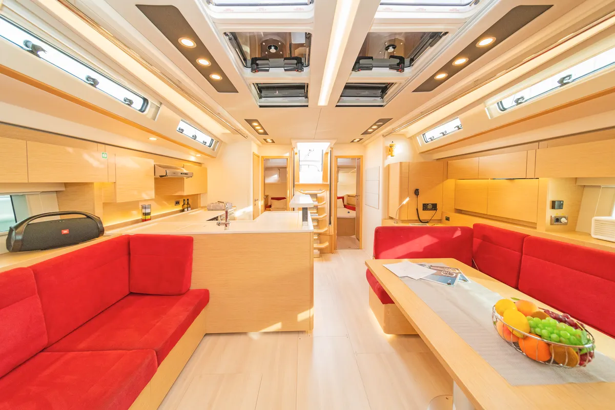 Salon of Amadea, a Hanse Yachts Hanse 588 sailboat at Kos, Greece