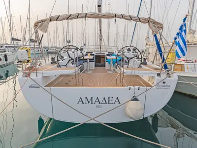 Cockpit of Amadea, a Hanse Yachts Hanse 588 sailboat at Kos, Greece