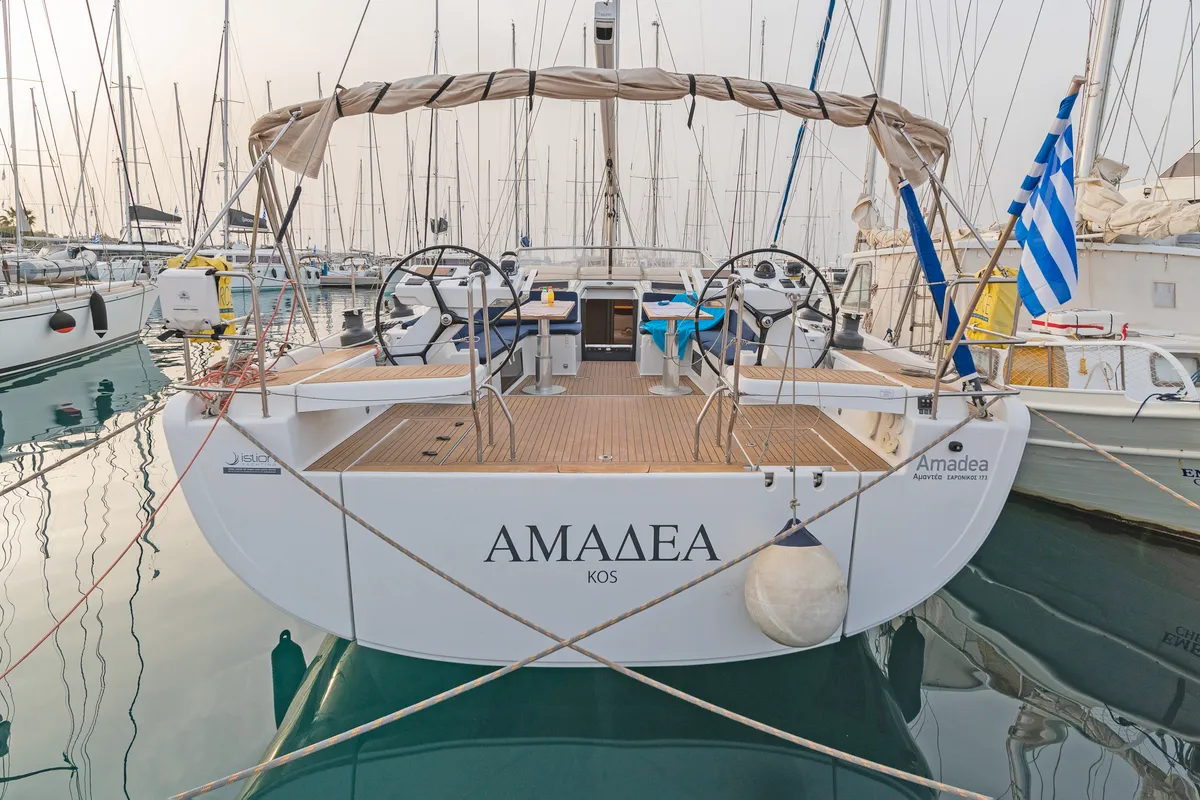 Cockpit of Amadea, a Hanse Yachts Hanse 588 sailboat at Kos, Greece
