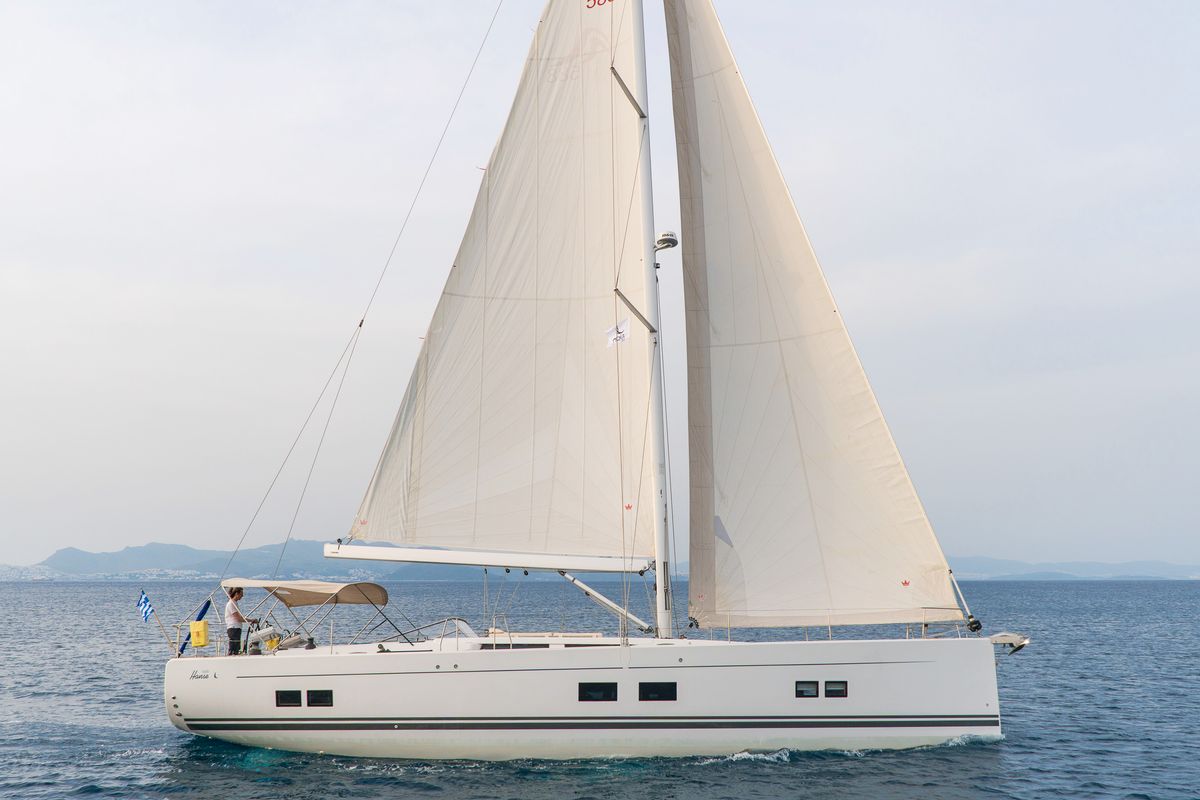 Exterior view of Amadea, a Hanse Yachts Hanse 588 sailboat at Kos, Greece