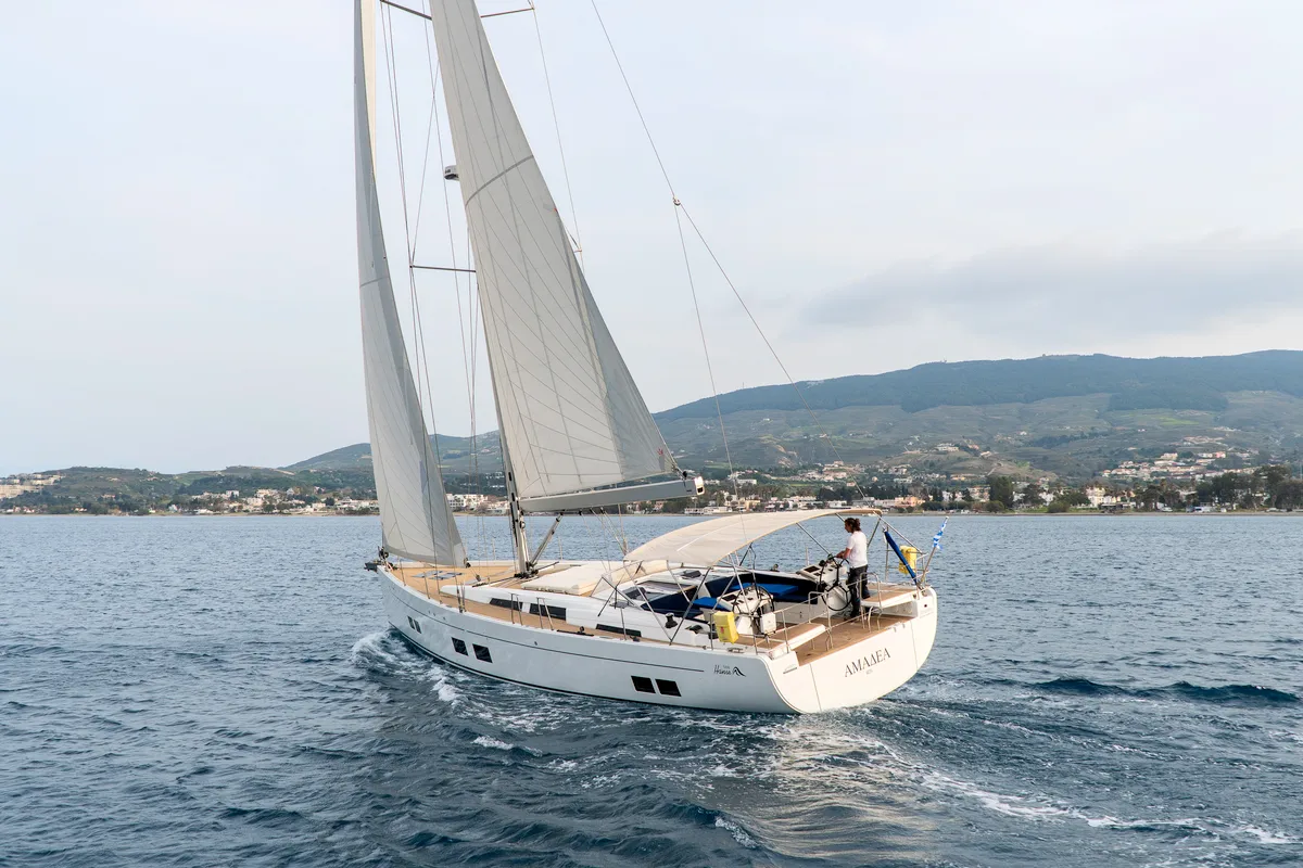 Exterior view of Amadea, a Hanse Yachts Hanse 588 sailboat at Kos, Greece