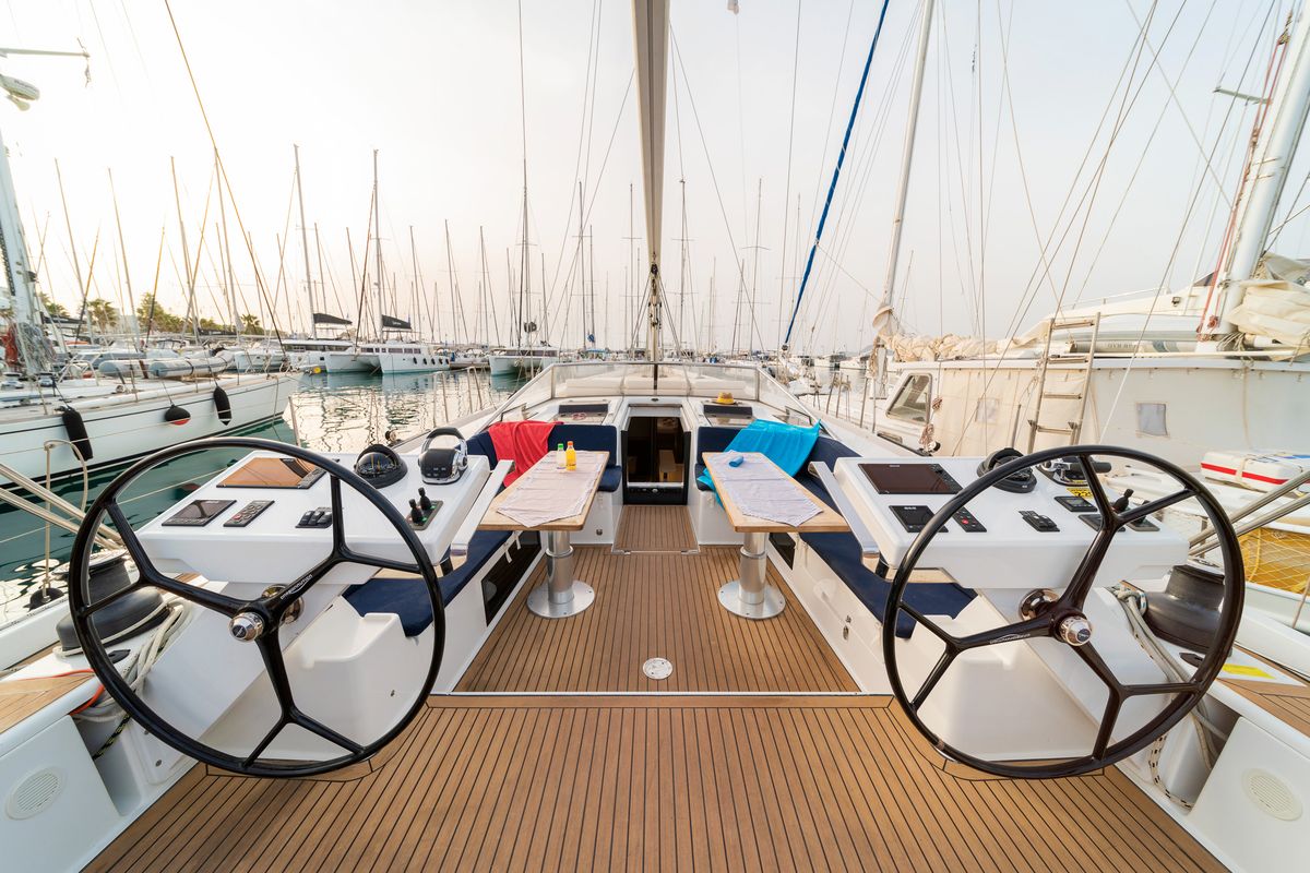 Cockpit of Amadea, a Hanse Yachts Hanse 588 sailboat at Kos, Greece