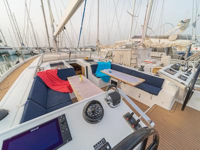 Deck of Amadea, a Hanse Yachts Hanse 588 sailboat at Kos, Greece