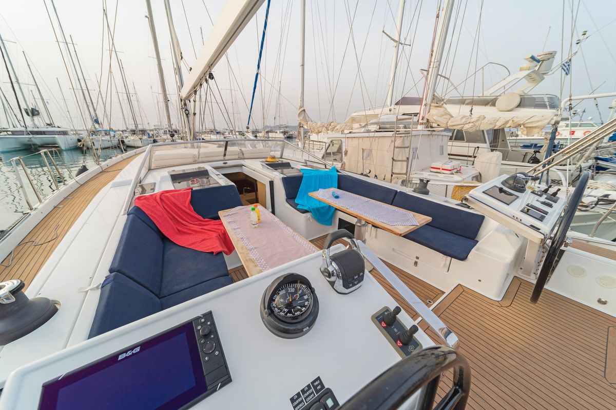 Deck of Amadea, a Hanse Yachts Hanse 588 sailboat at Kos, Greece