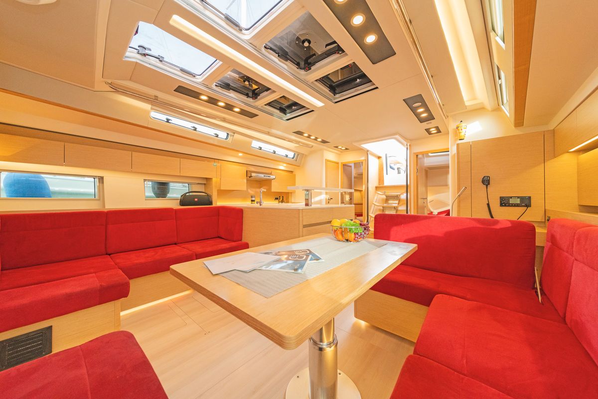 Salon of Amadea, a Hanse Yachts Hanse 588 sailboat at Kos, Greece