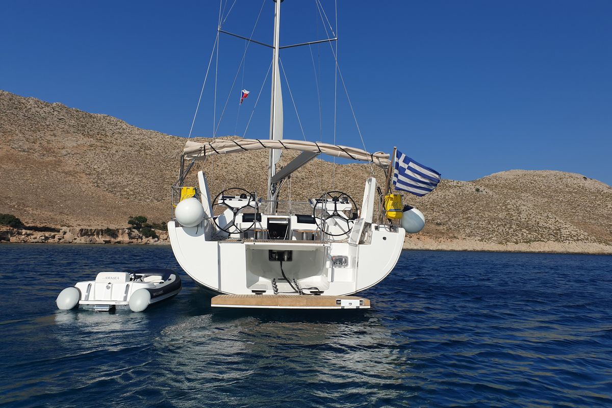 Exterior view of Amadea, a Hanse Yachts Hanse 588 sailboat at Kos, Greece