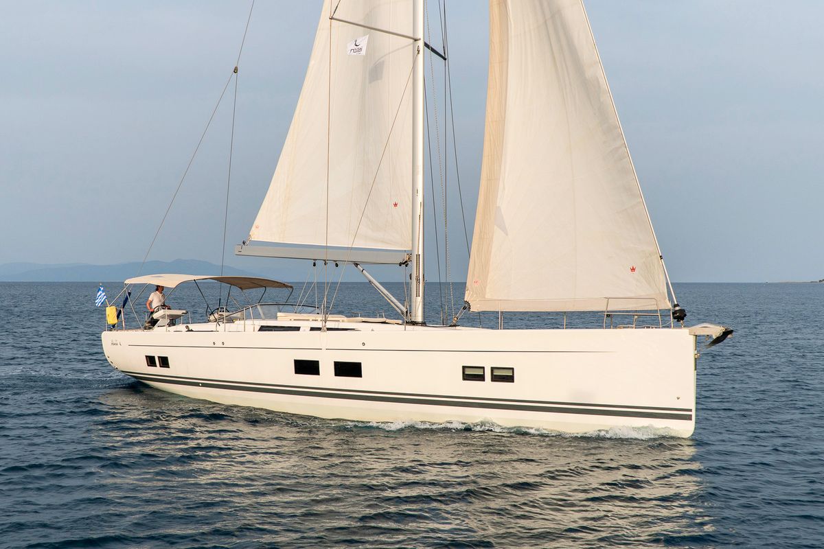 Exterior view of Amadea, a Hanse Yachts Hanse 588 sailboat at Kos, Greece