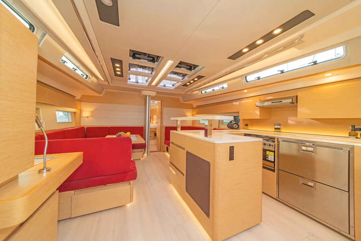 Salon of Amadea, a Hanse Yachts Hanse 588 sailboat at Kos, Greece