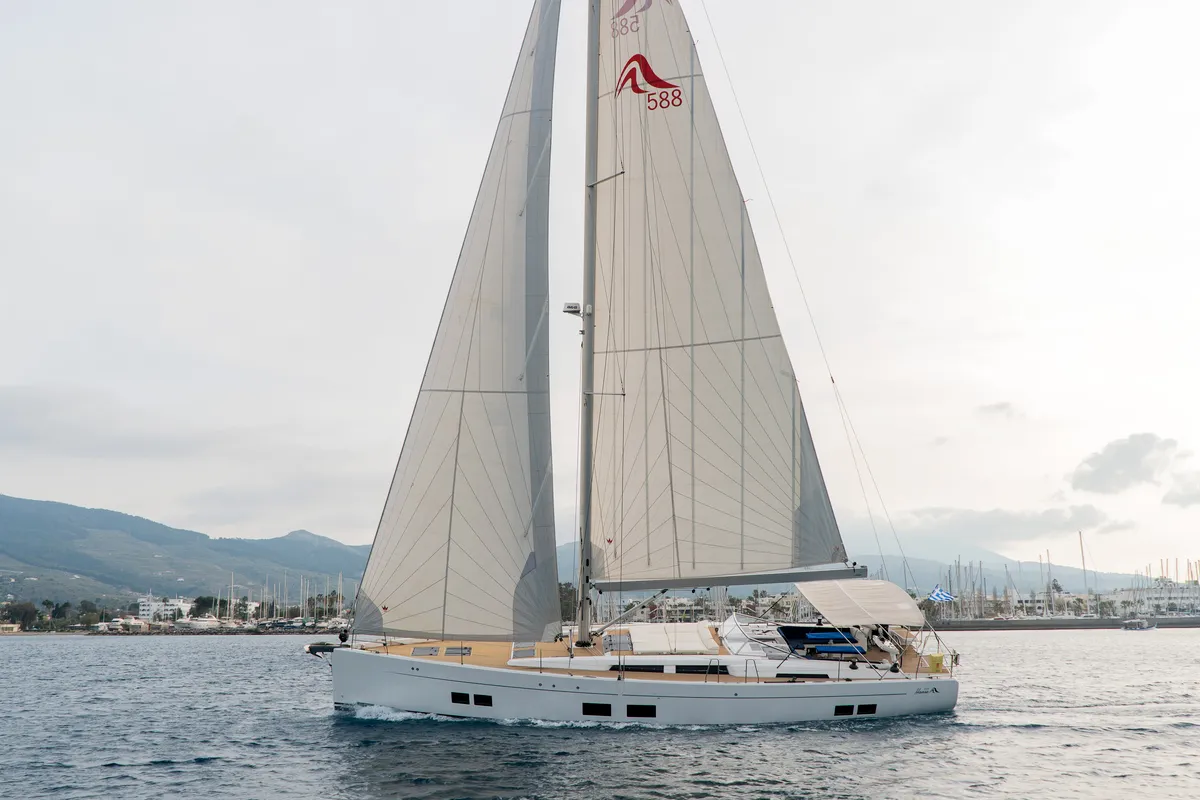 Exterior view of Amadea, a Hanse Yachts Hanse 588 sailboat at Kos, Greece
