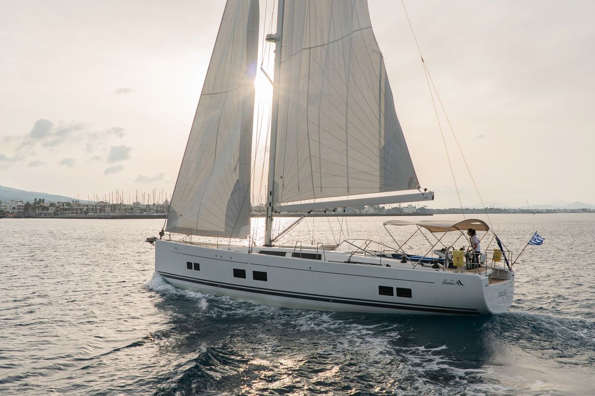 Exterior view of Amadea, a Hanse Yachts Hanse 588 sailboat at Kos, Greece