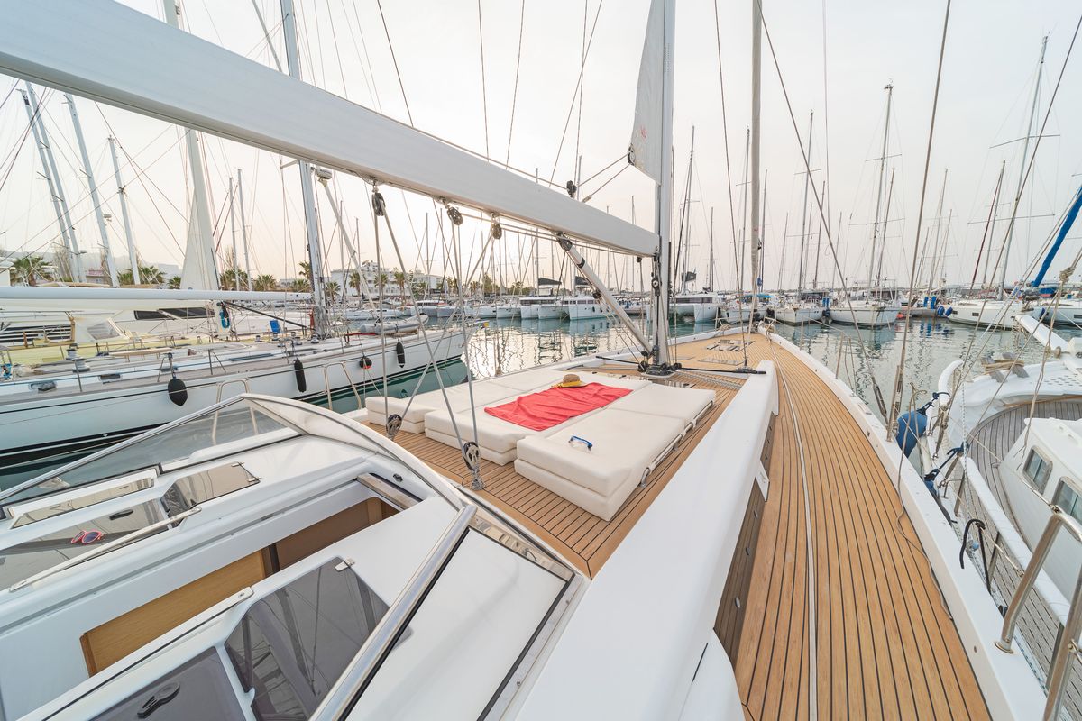 Deck of Amadea, a Hanse Yachts Hanse 588 sailboat at Kos, Greece