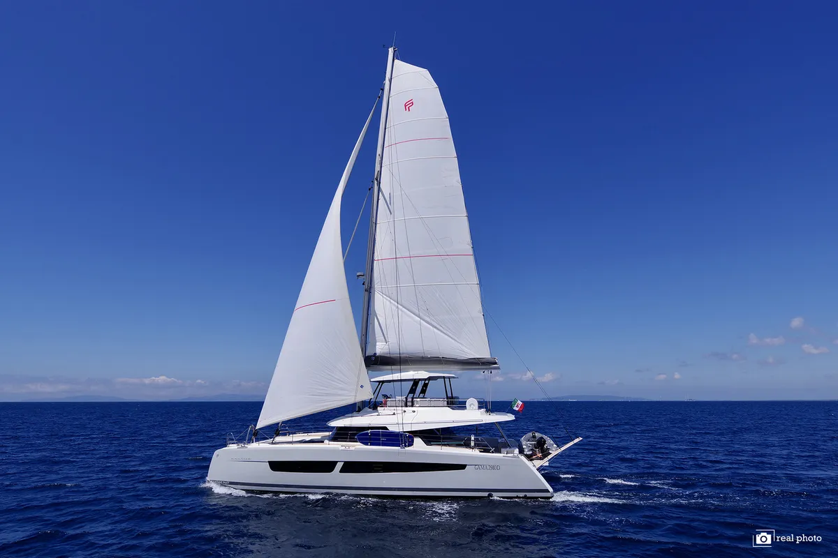 Exterior view of Maurice, a Fountaine Pajot Samana 59 catamaran at Cannigione, Italy