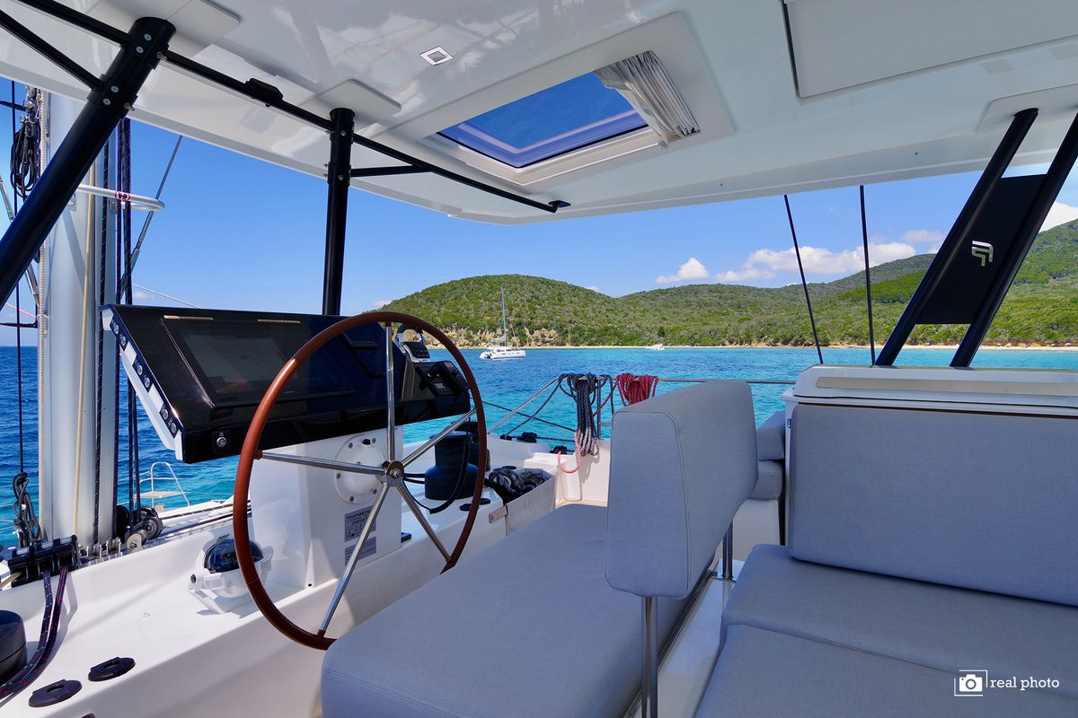 Cockpit of Maurice, a Fountaine Pajot Samana 59 catamaran at Cannigione, Italy