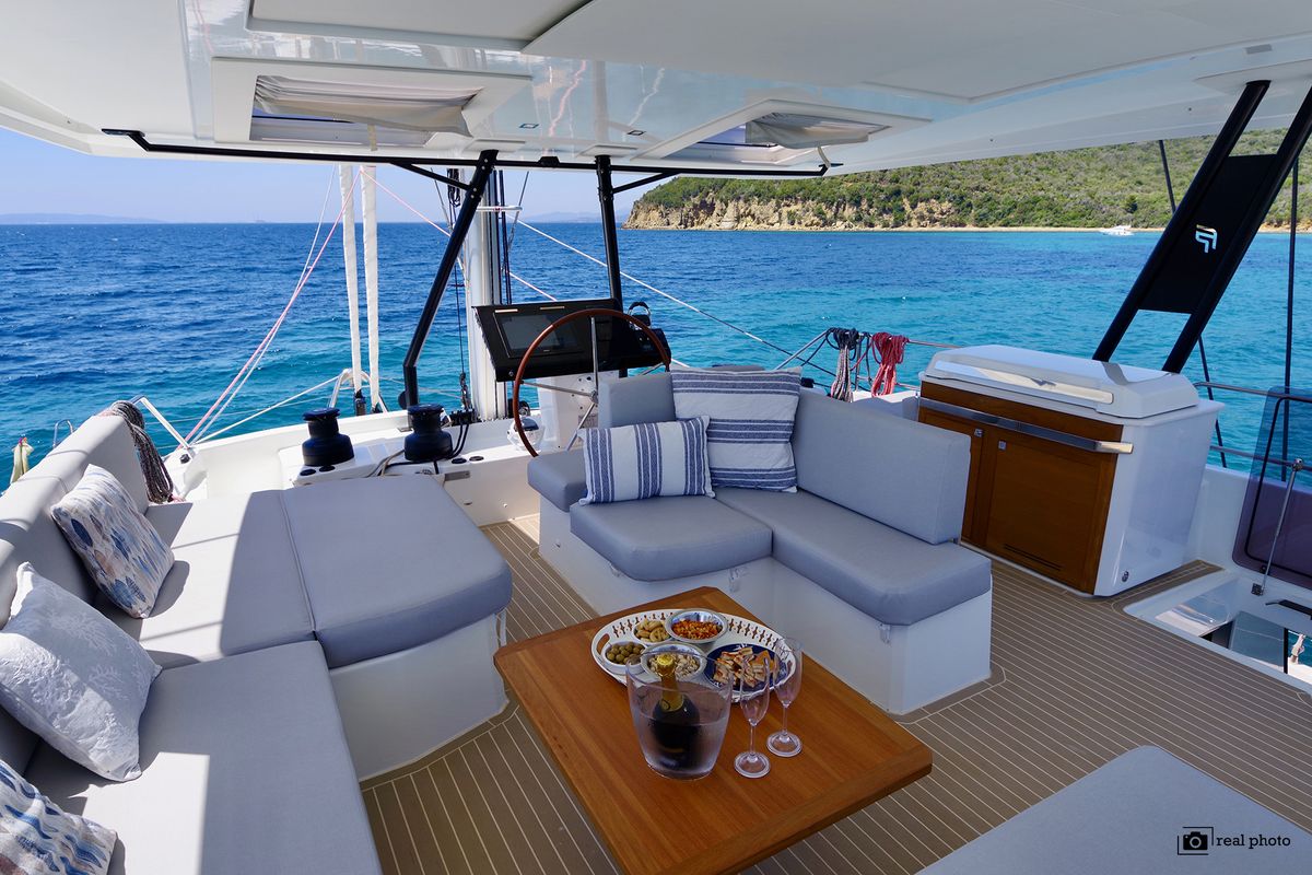 Deck of Maurice, a Fountaine Pajot Samana 59 catamaran at Cannigione, Italy