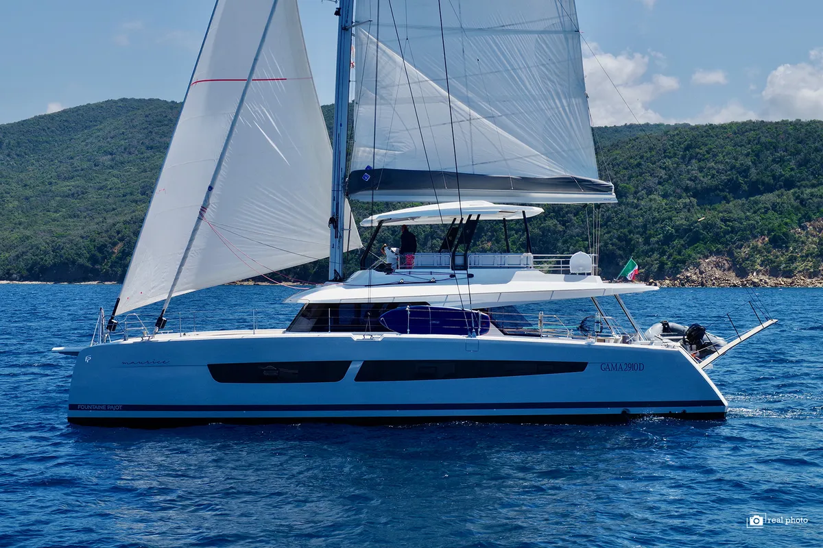 Exterior view of Maurice, a Fountaine Pajot Samana 59 catamaran at Cannigione, Italy