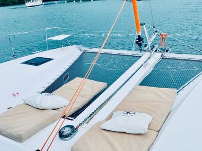 Deck of One Denia Bareboat, a Excess 11 catamaran at Dénia, Spain