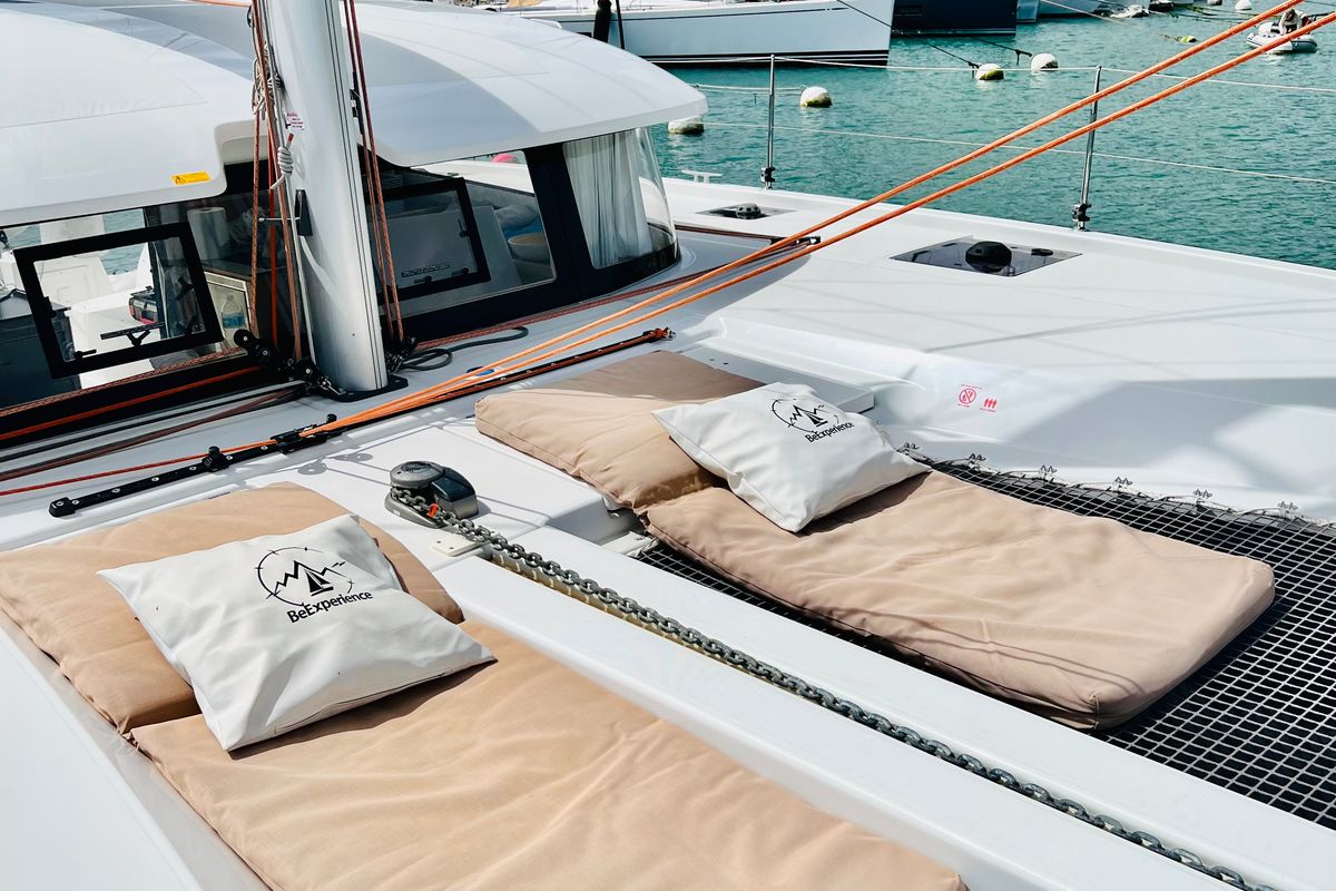 Deck of One Denia Bareboat, a Excess 11 catamaran at Dénia, Spain