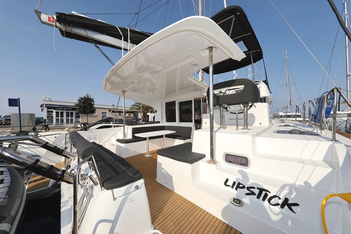 Exterior view of Lipstick, a Lagoon 40 catamaran at Grad Biograd na Moru, Croatia
