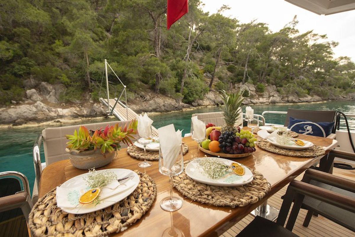 Deck of Golden Blue, a Custom Made Golden blue yacht at Fethiye, Turkey