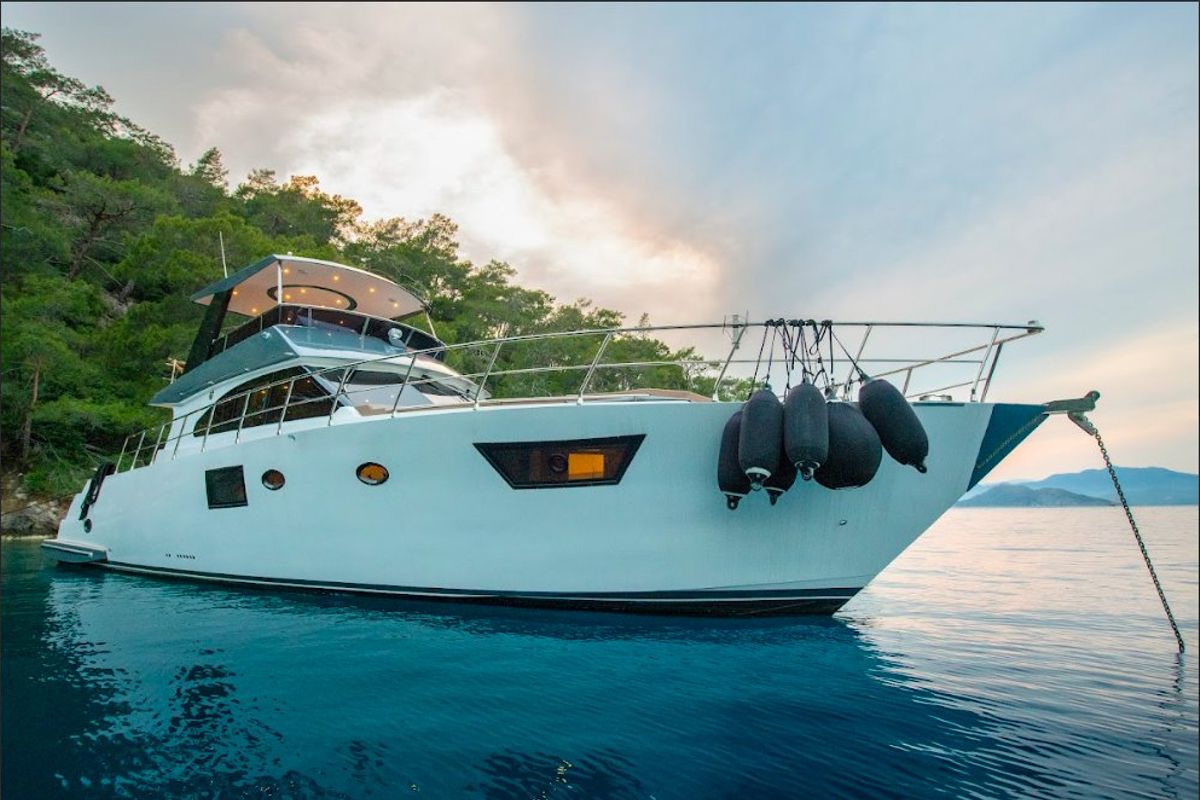 Exterior view of Golden Blue, a Custom Made Golden blue yacht at Fethiye, Turkey