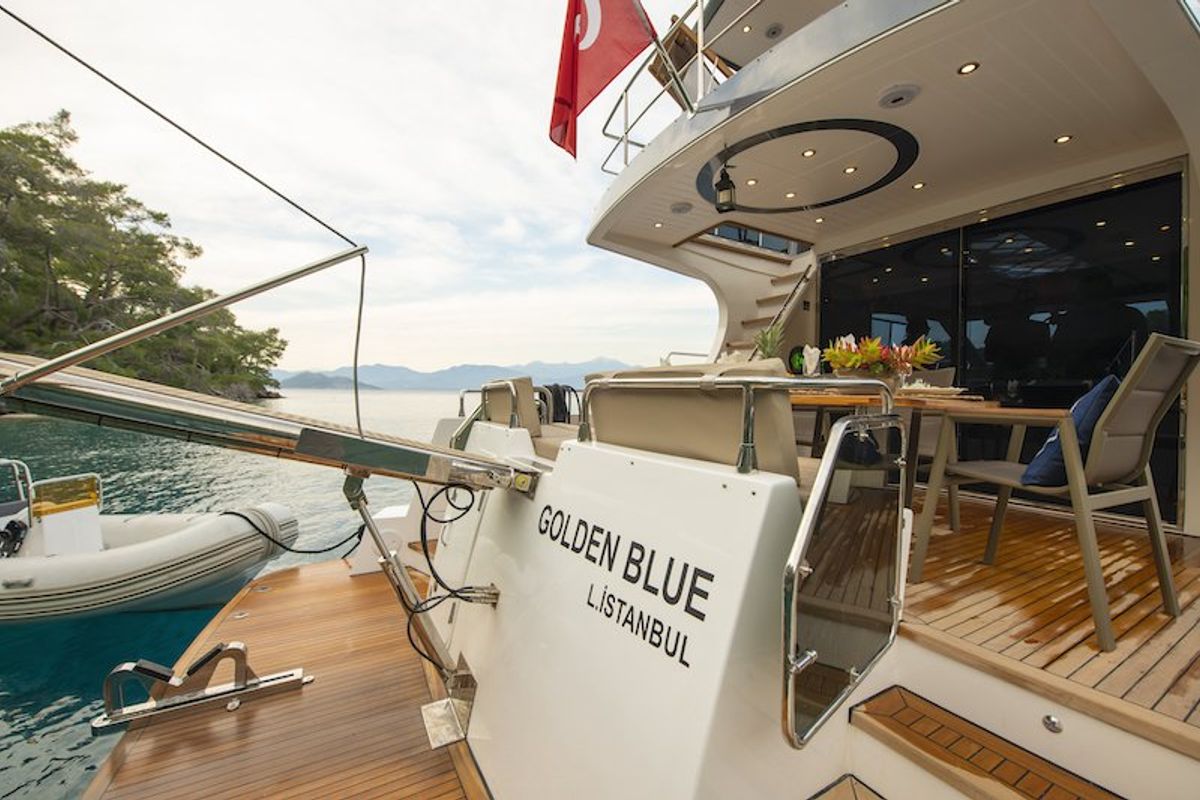 Exterior view of Golden Blue, a Custom Made Golden blue yacht at Fethiye, Turkey