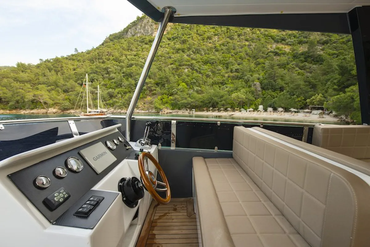 Cockpit of Golden Blue, a Custom Made Golden blue yacht at Fethiye, Turkey