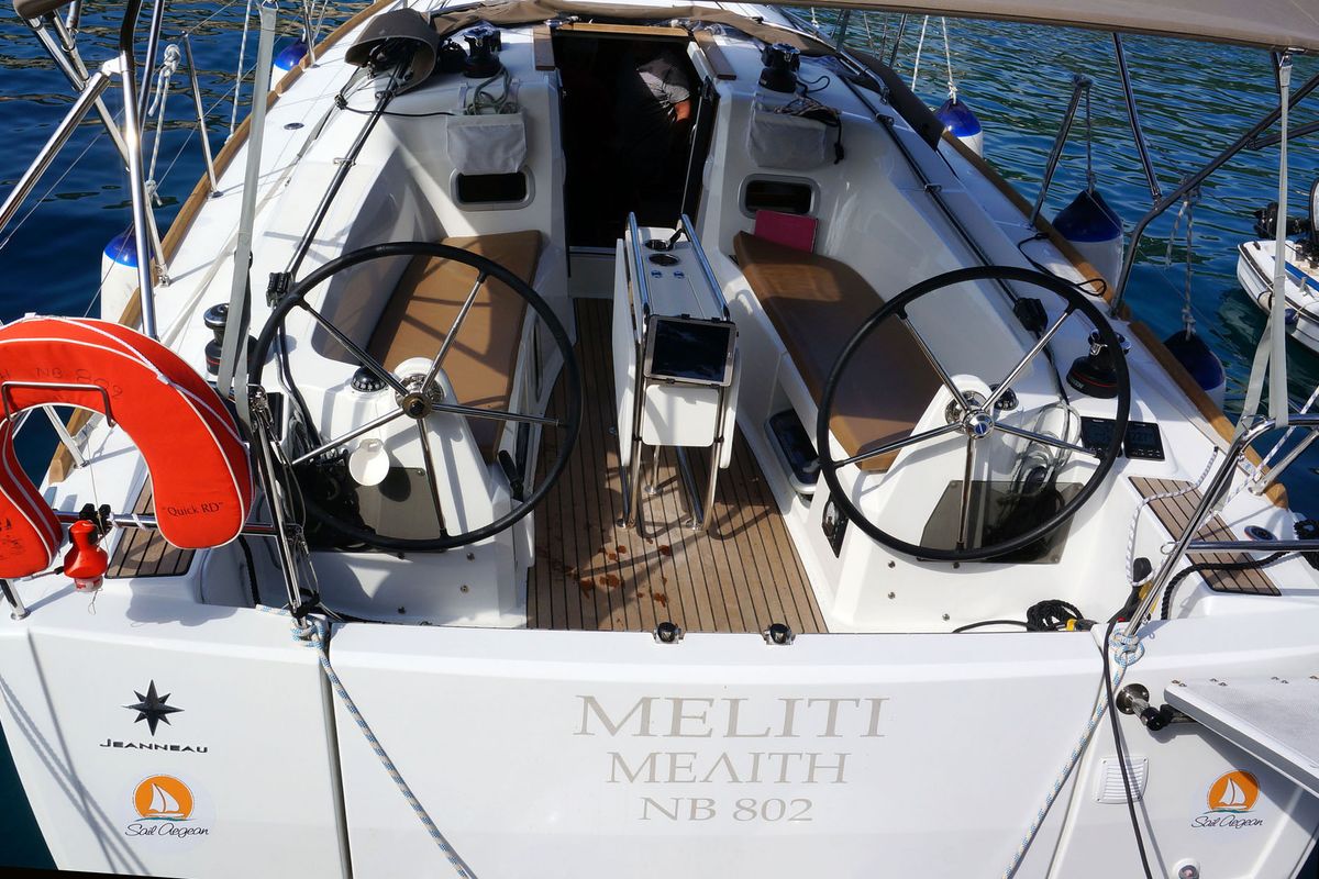 Cockpit of Meliti, a Jeanneau Sun Odyssey 349 sailboat at Volos Municipality, Greece