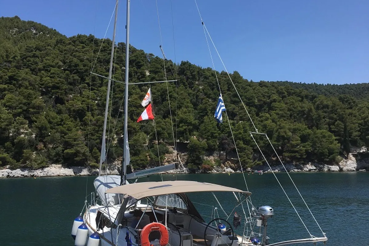 Exterior view of Meliti, a Jeanneau Sun Odyssey 349 sailboat at Volos Municipality, Greece