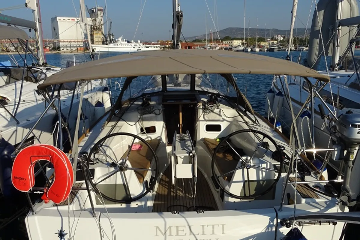 Cockpit of Meliti, a Jeanneau Sun Odyssey 349 sailboat at Volos Municipality, Greece