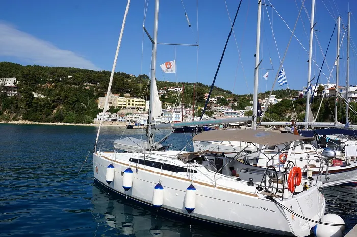 Exterior view of Meliti, a Jeanneau Sun Odyssey 349 sailboat at Volos Municipality, Greece