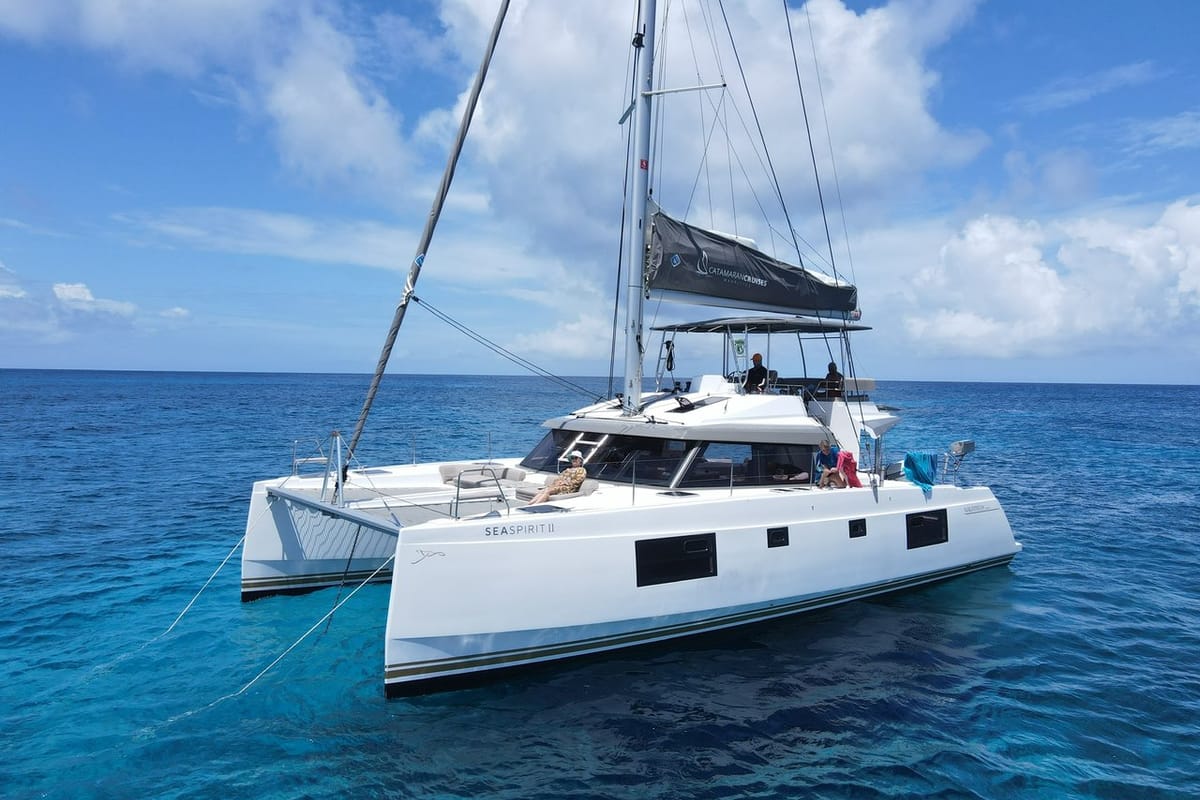 Exterior view of Sea Spirit II, a Nautitech Rochefort Nautitech 46 Fly catamaran at Grande Rivière Noire VCA, Mauritius