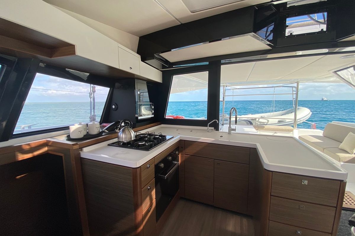 Galley of Sea Spirit II, a Nautitech Rochefort Nautitech 46 Fly catamaran at Grande Rivière Noire VCA, Mauritius