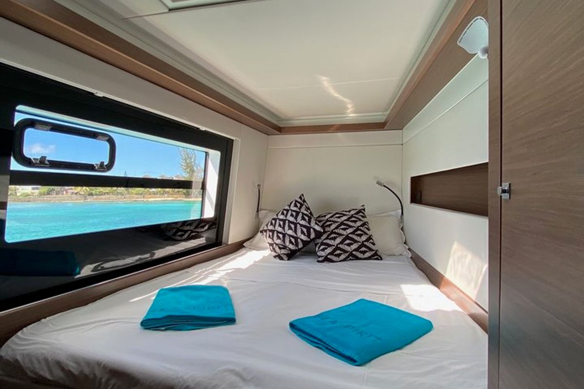 Cabin on Sea Spirit II, a Nautitech Rochefort Nautitech 46 Fly catamaran at Grande Rivière Noire VCA, Mauritius