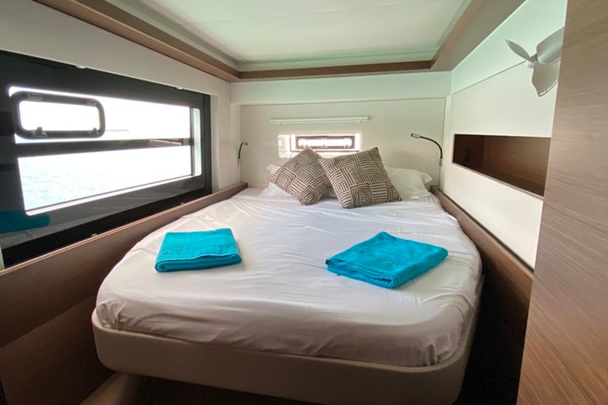 Cabin on Sea Spirit II, a Nautitech Rochefort Nautitech 46 Fly catamaran at Grande Rivière Noire VCA, Mauritius