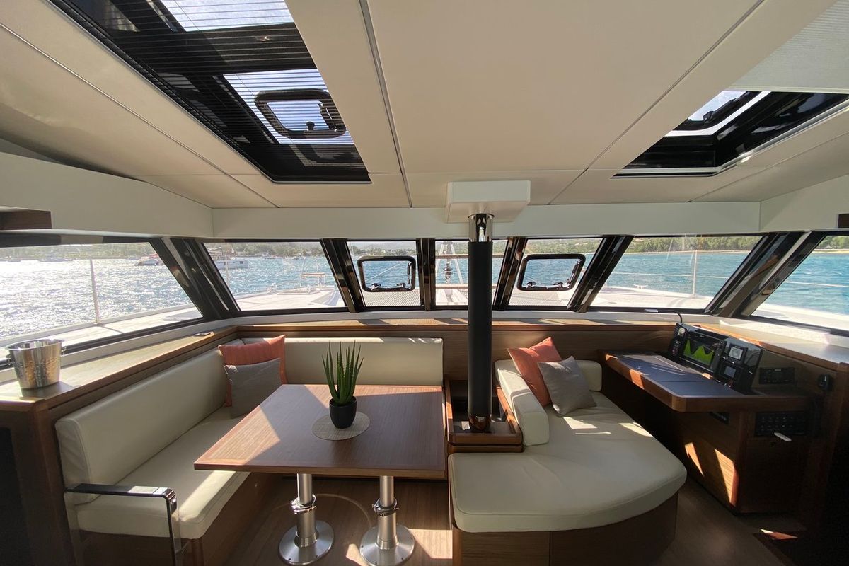 Salon of Sea Spirit II, a Nautitech Rochefort Nautitech 46 Fly catamaran at Grande Rivière Noire VCA, Mauritius