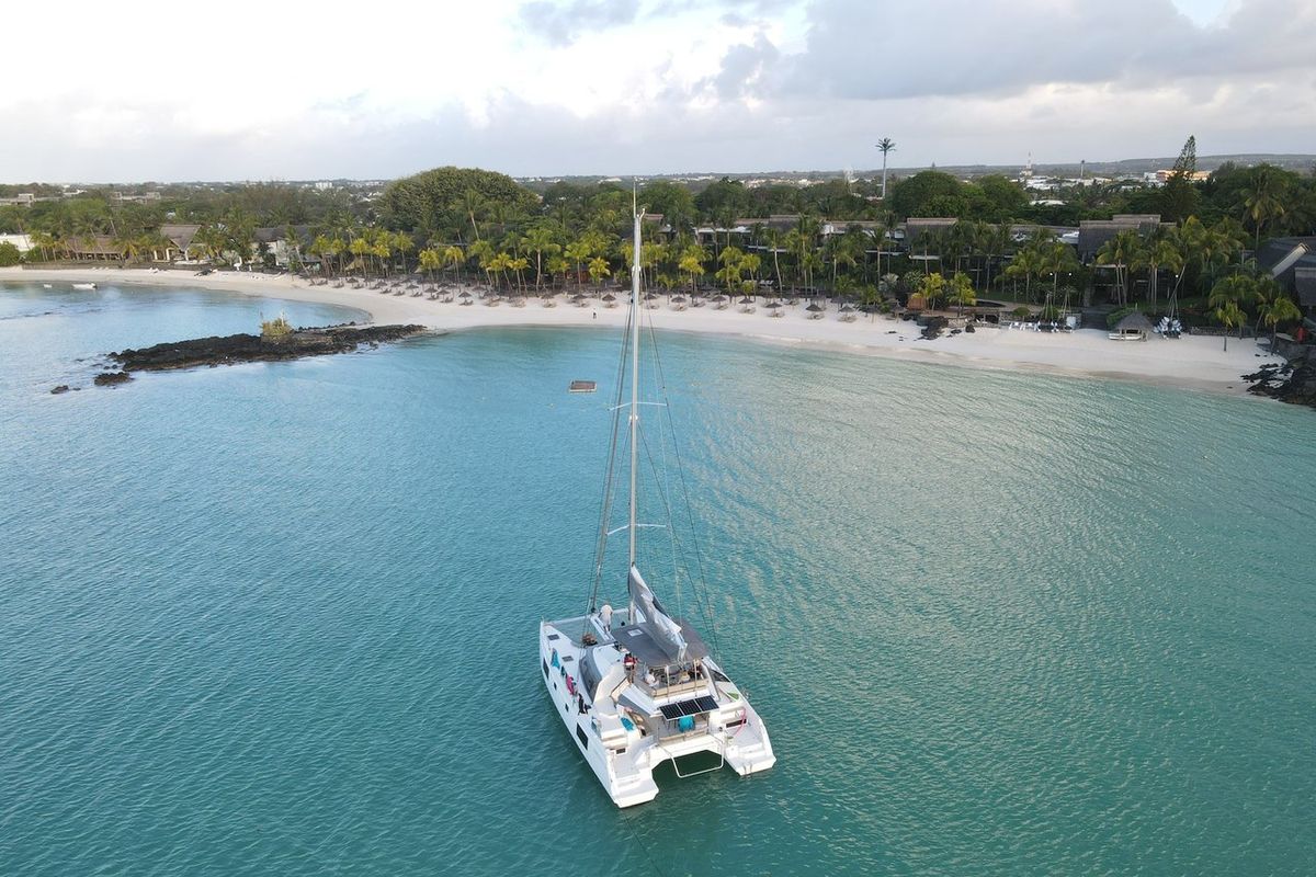 Exterior view of Sea Spirit II, a Nautitech Rochefort Nautitech 46 Fly catamaran at Grande Rivière Noire VCA, Mauritius