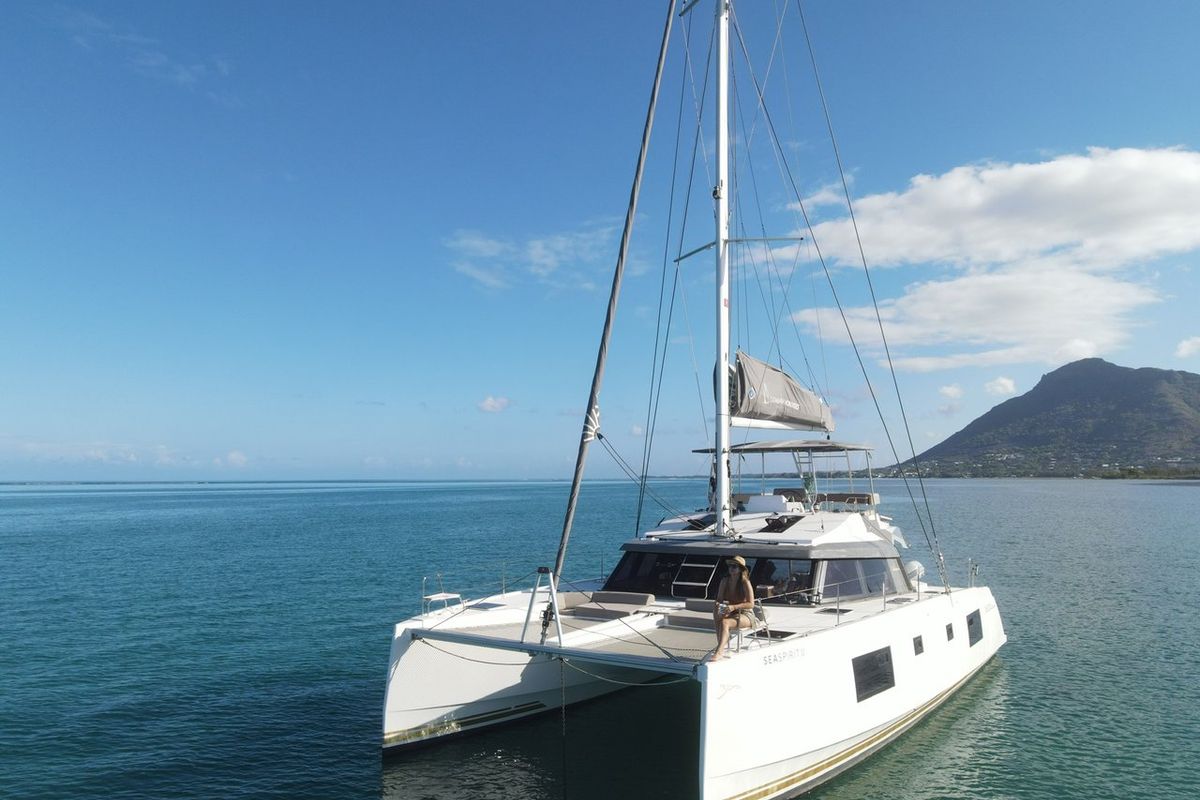 Exterior view of Sea Spirit II, a Nautitech Rochefort Nautitech 46 Fly catamaran at Grande Rivière Noire VCA, Mauritius