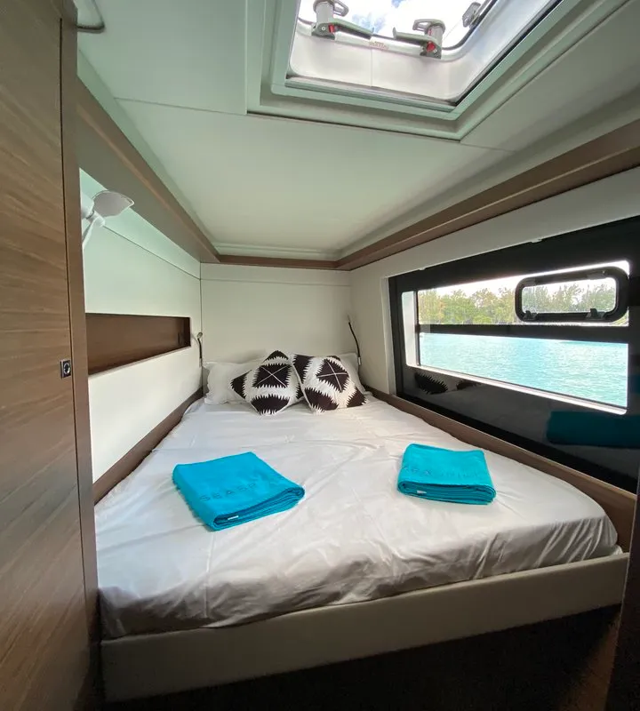 Cabin on Sea Spirit II, a Nautitech Rochefort Nautitech 46 Fly catamaran at Grande Rivière Noire VCA, Mauritius