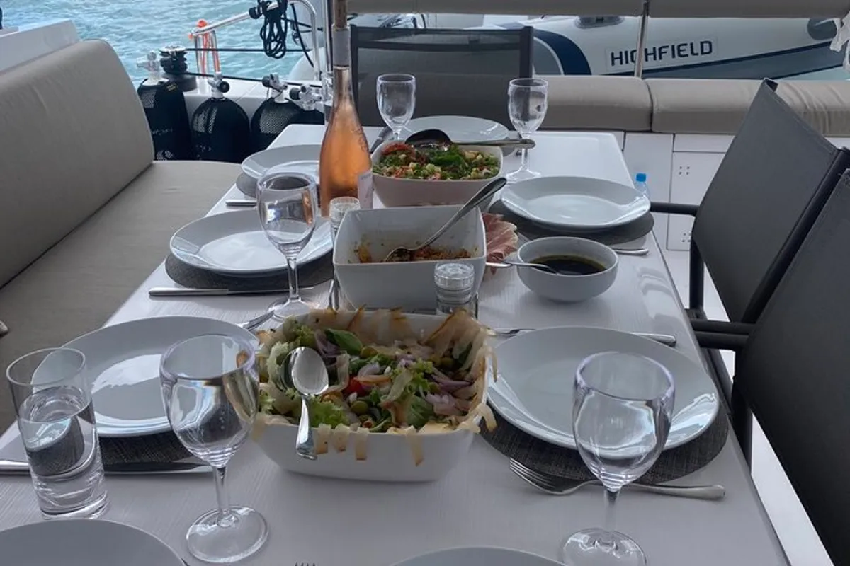 Deck of Sea Spirit II, a Nautitech Rochefort Nautitech 46 Fly catamaran at Grande Rivière Noire VCA, Mauritius