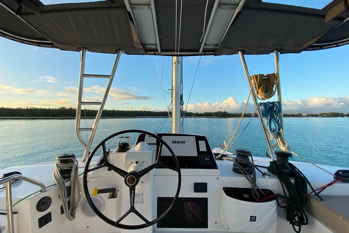 Cockpit of Sea Spirit II, a Nautitech Rochefort Nautitech 46 Fly catamaran at Grande Rivière Noire VCA, Mauritius