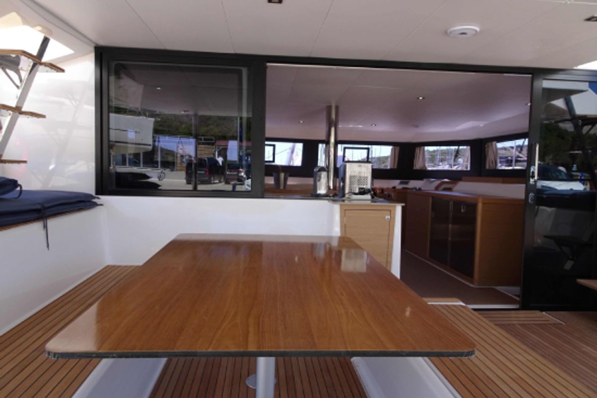 Deck of Vittoria, a Dufour Catamaran 48 catamaran at Olbia, Italy