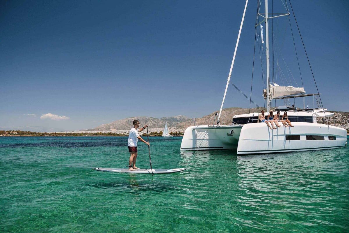 Exterior view of Vittoria, a Dufour Catamaran 48 catamaran at Olbia, Italy