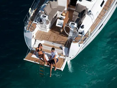 Deck of Vela, a Bavaria Cruiser 46 sailboat at Fethiye, Turkey