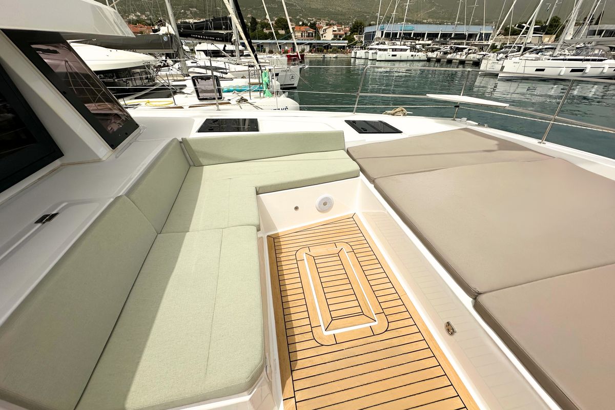 Deck of Maestro, a Bali 4.6 catamaran at Grad Kaštela, Croatia