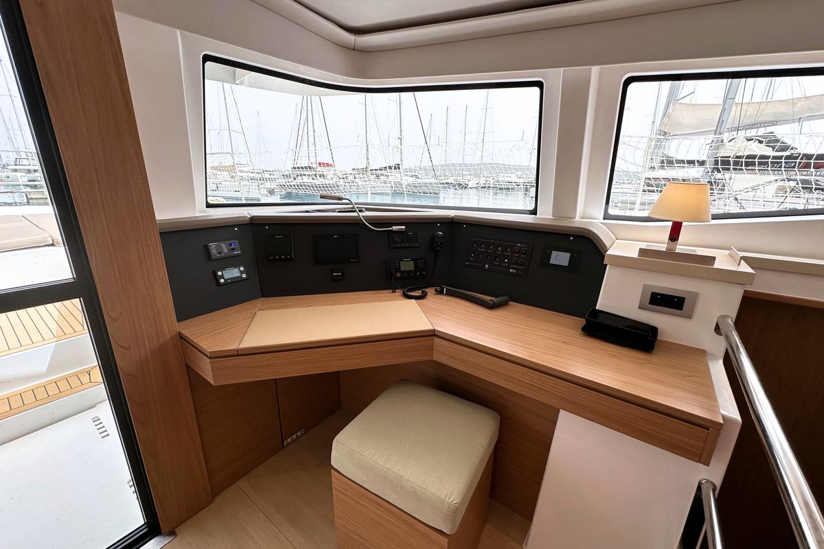 Cockpit of Maestro, a Bali 4.6 catamaran at Grad Kaštela, Croatia