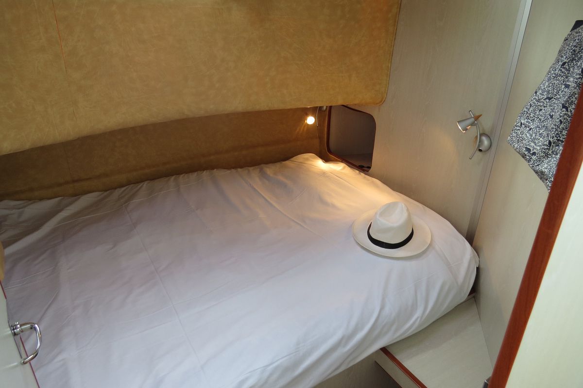 Cabin on Magnificat, a Nicols Confort 1350 motorboat at Sablé-sur-Sarthe, France