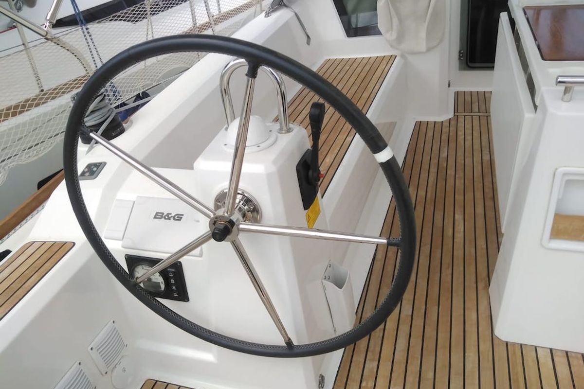 Cockpit of Bordeaux, a Beneteau Oceanis 38.1 sailboat at Seget Donji, Croatia